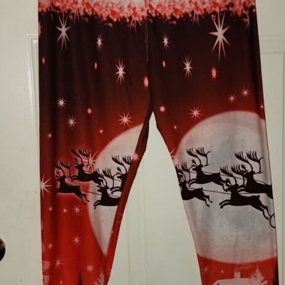 Burgundy & White Reindeer leggings Wide Waistband 3x-5x ( TC2 ) EUC